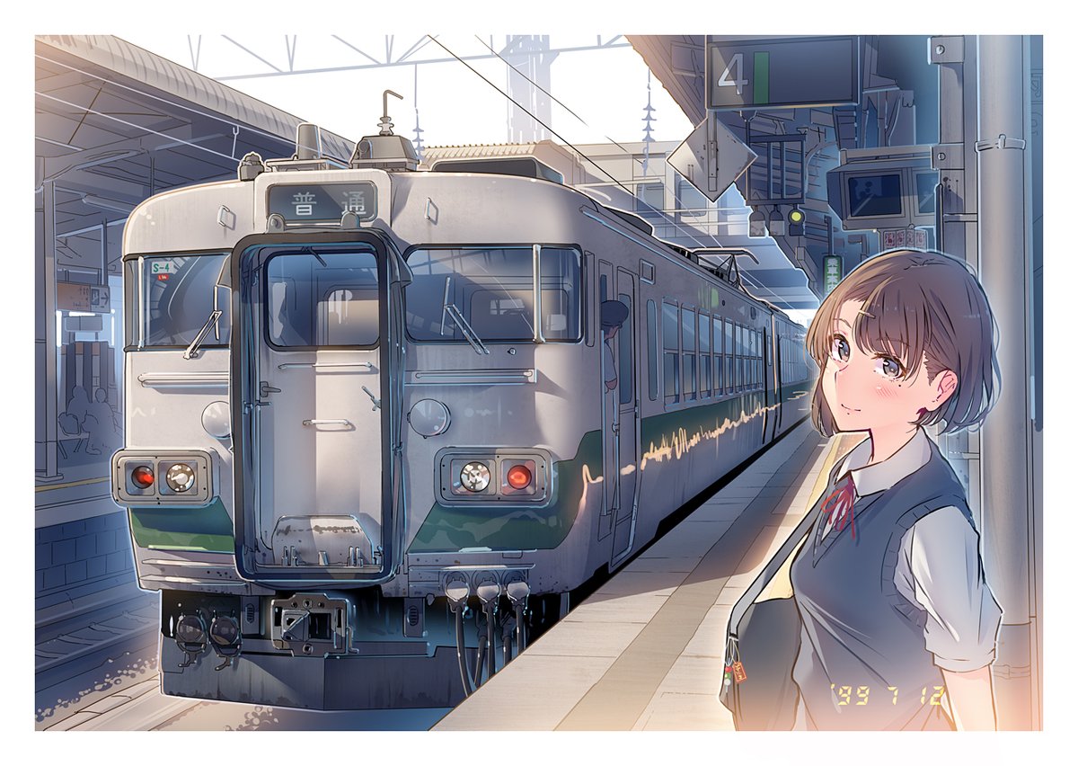 1girl train train station ground vehicle short hair railroad tracks solo  illustration images