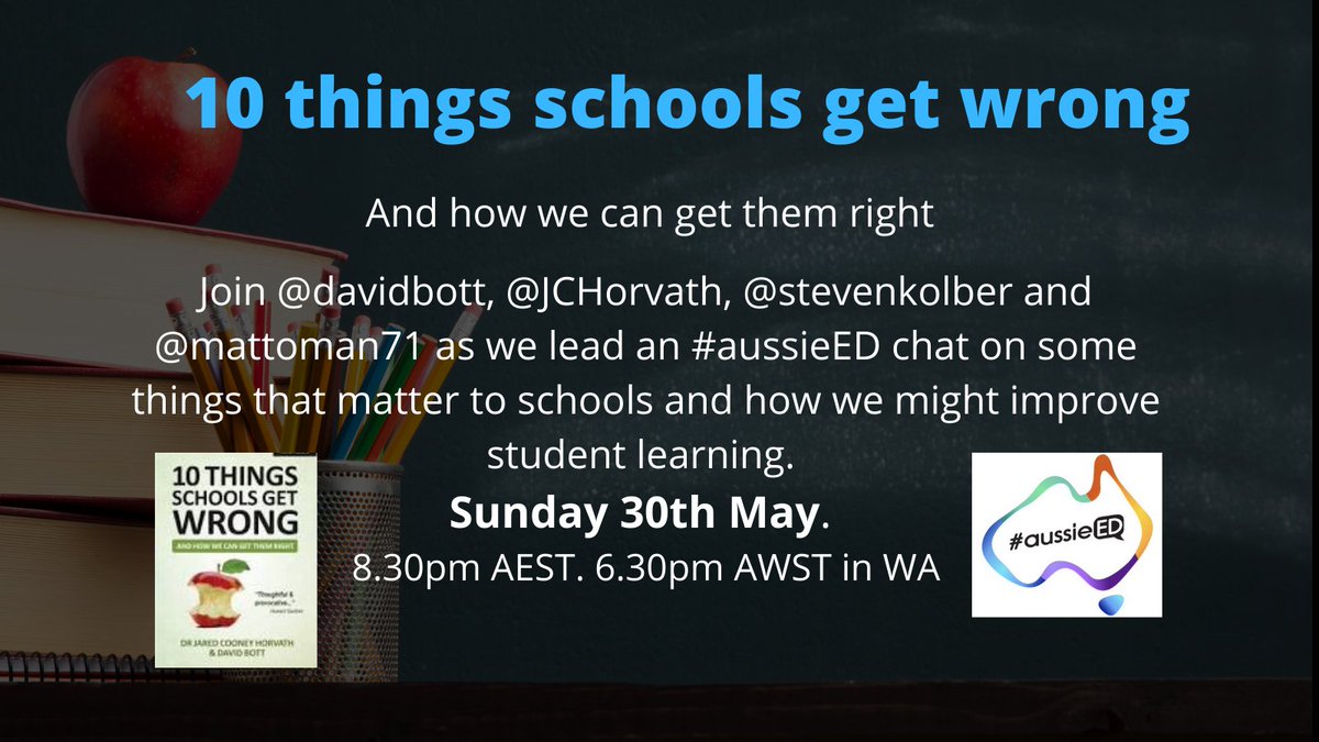 Matt Zarb (@mattoman71) on Twitter photo Based on the book of the same name, join us for next week’s #aussieED chat as we explore themes such as assessment, homework, grades and purpose. Join <a href="/JCHorvath/">Joseph Horvath</a> <a href="/davidbott/">David Bott</a> <a href="/steven_kolber/">Steven Kolber</a> and <a href="/mattoman71/">Matt Zarb</a> to chat all things education. It should be fun! May even challenge us?! Based on the book of the same name, join us for next week’s #aussieED chat as we explore themes such as assessment, homework, grades and purpose. Join <a href="/JCHorvath/">Joseph Horvath</a> <a href="/davidbott/">David Bott</a> <a href="/steven_kolber/">Steven Kolber</a> and <a href="/mattoman71/">Matt Zarb</a> to chat all things education. It should be fun! May even challenge us?!