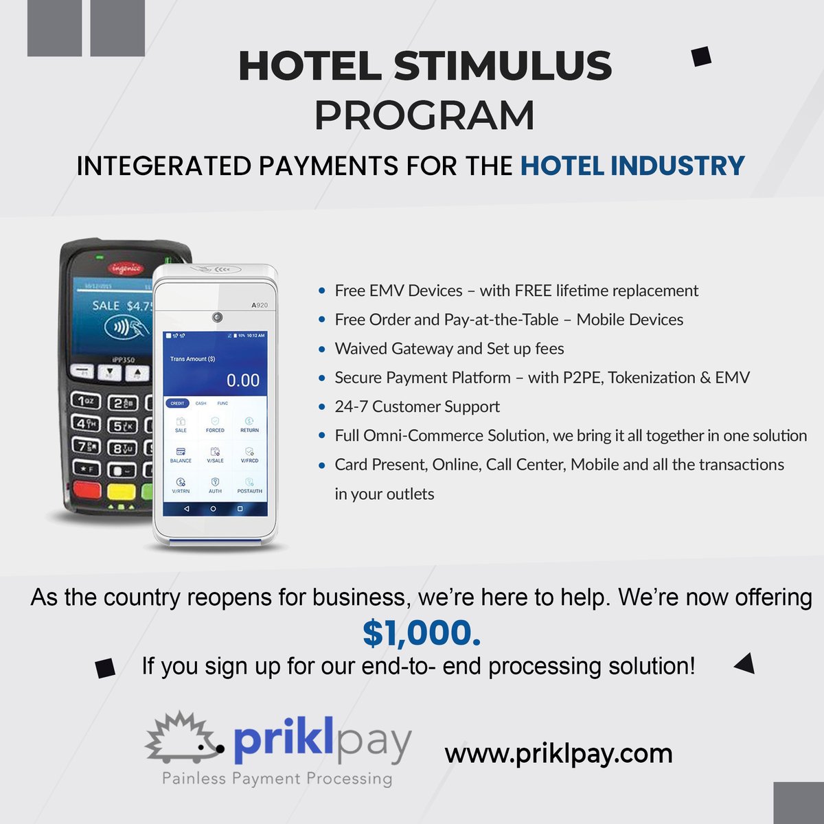 Welcome to the future of Payment Processing for Hotels!
With the PRIKL PAY solution, you have one provider for all your payment needs, saving time and money!

Call Us: (888) 281-0088
Learn More: zcu.io/VN8H

#businessowner
#hotel
#stimulus
#restaurant
#MG52