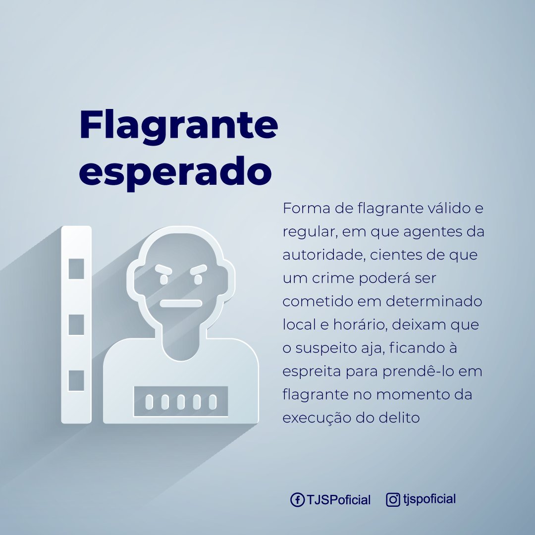 A prisão em flagrante está prevista nos artigos 301 a 310 do CPP. Você sabe o que é flagrante esperado? #GlossárioJurídico #PrisãoemFlagrante #FlagranteEsperado #ProcessoPenal #CPP #TrabalhoRemotoTJSP #AJustiçaNãoPara #SomosTJSP #JustiçaPróximadoCidadão #RedesSociais #SocialMedia