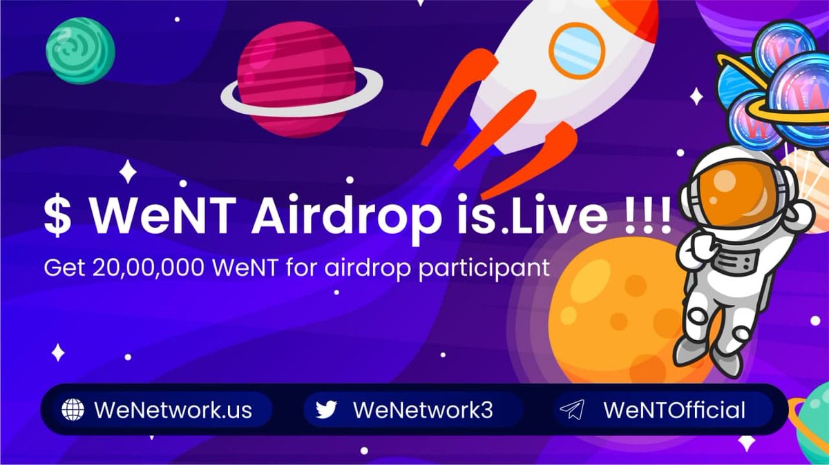 New Airdrop: WeNT Airdrop  (WeNT)
Reward: 1500 WeNT (~$10)
Rate: ⭐️⭐️⭐️⭐️
Focus: Distributed on June 25

🤖Bot Airdrop Link:  t.me/WeNT_AirdropBo…

✅Complete Social Media Tasks✅
#Airdrop  #WeNT #Giveaway #AirdropKingNews