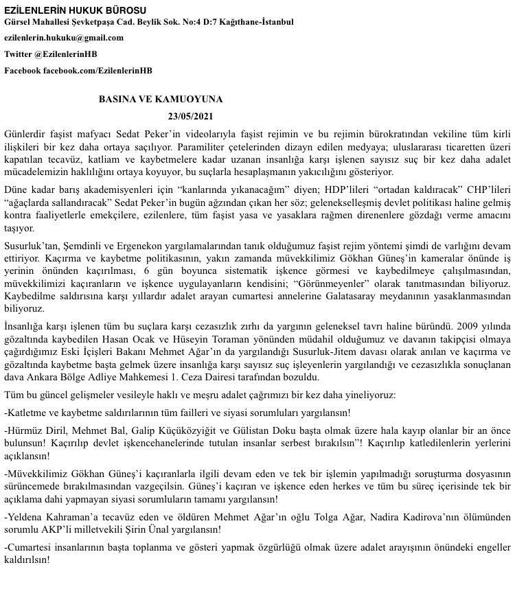 Faşist mafyacı Sedat Peker’in açıklamaları ve Mehmet Ağar’ın da aralarında olduğu Susurluk-JİTEM davasında Ankara BAM 1. Ceza Dairesi’nin bozma kararı üzerine yaptığımız açıklama 

documentcloud.adobe.com/link/track?uri…