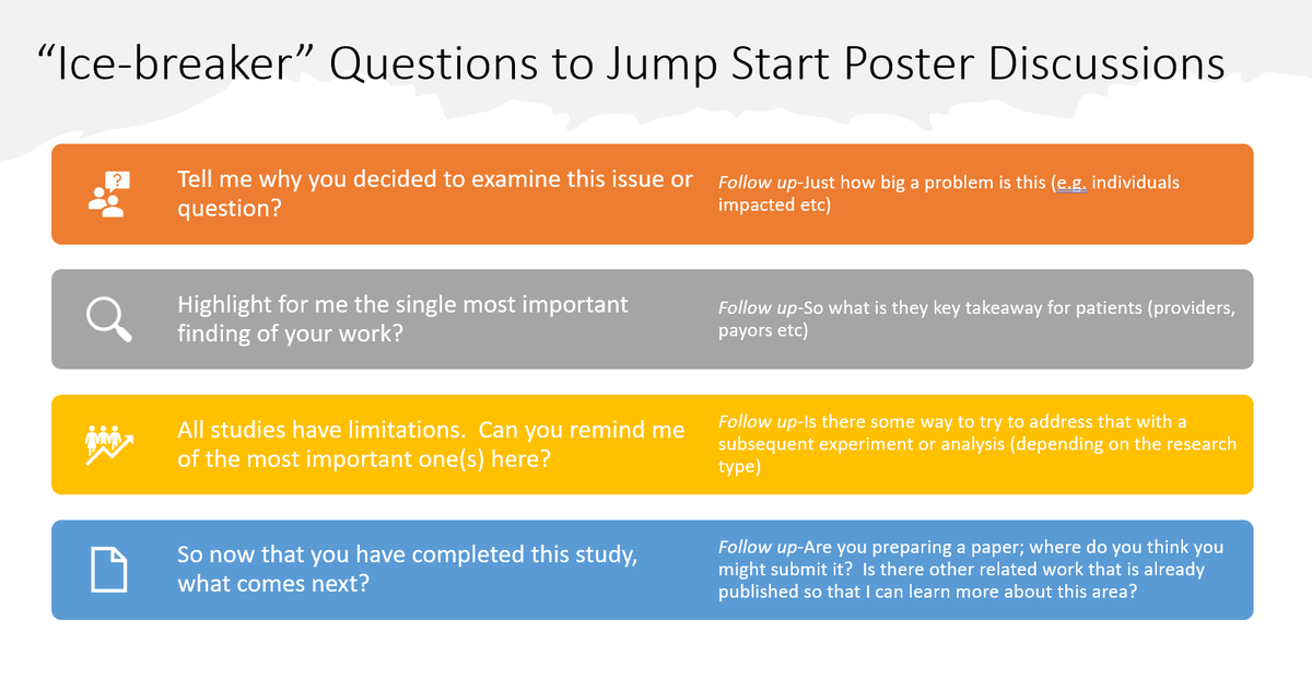 It could be a bit awkward jumping into a virtual room and then there you are 1:1 with the presenter. I put together a short list of fairly generic "ice breaker" type questions to get the discussion flowing.  Relying on #MedTwitter to buff up/enhance this short list. #DDW2021