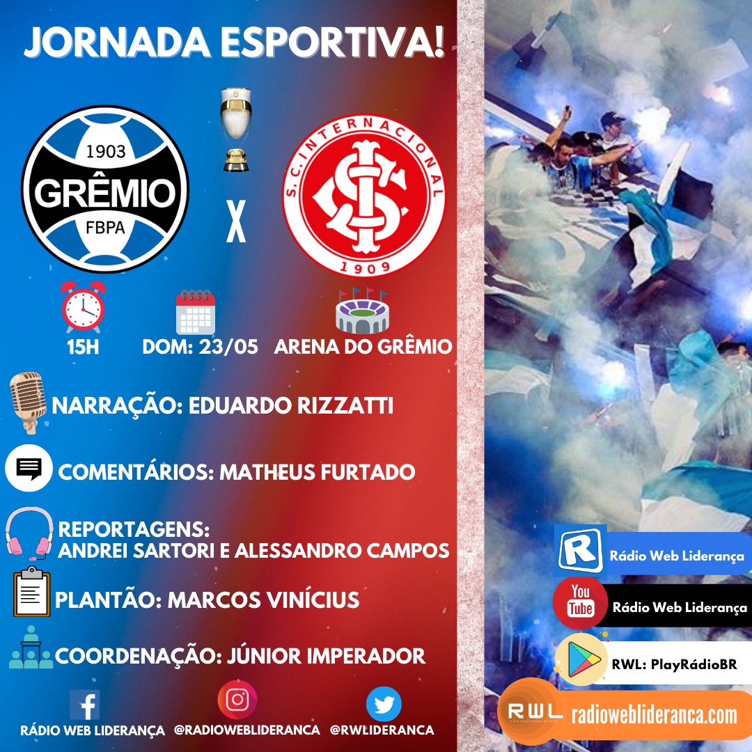 rwlideranca's tweet photo. QUEM SERÁ O CAMPEÃO GAÚCHO? 🇧🇼🇲🇨 #DiaDeGrêmio #DiaDeInter #Grenal #FutRWL 

@Gremio e @SCInternacional decidem o Campeonato Gaúcho 2021 na Arena do Grêmio. 

🏆Campeonato Gaúcho 2021- FINAL - VOLTA
⚽Grêmio X Internacional
🏟️Arena do Grêmio
⏰15h
💻 https://t.co/3NP6VM3bs7 https://t.co/G1miof7s96