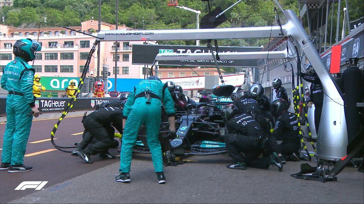 F1's tweet image. LAP 31/78 

Drama in the pit lane! 

Mercedes cannot get the nut off the front right tyre... Bottas is OUT!

#MonacoGP 🇲🇨 #F1