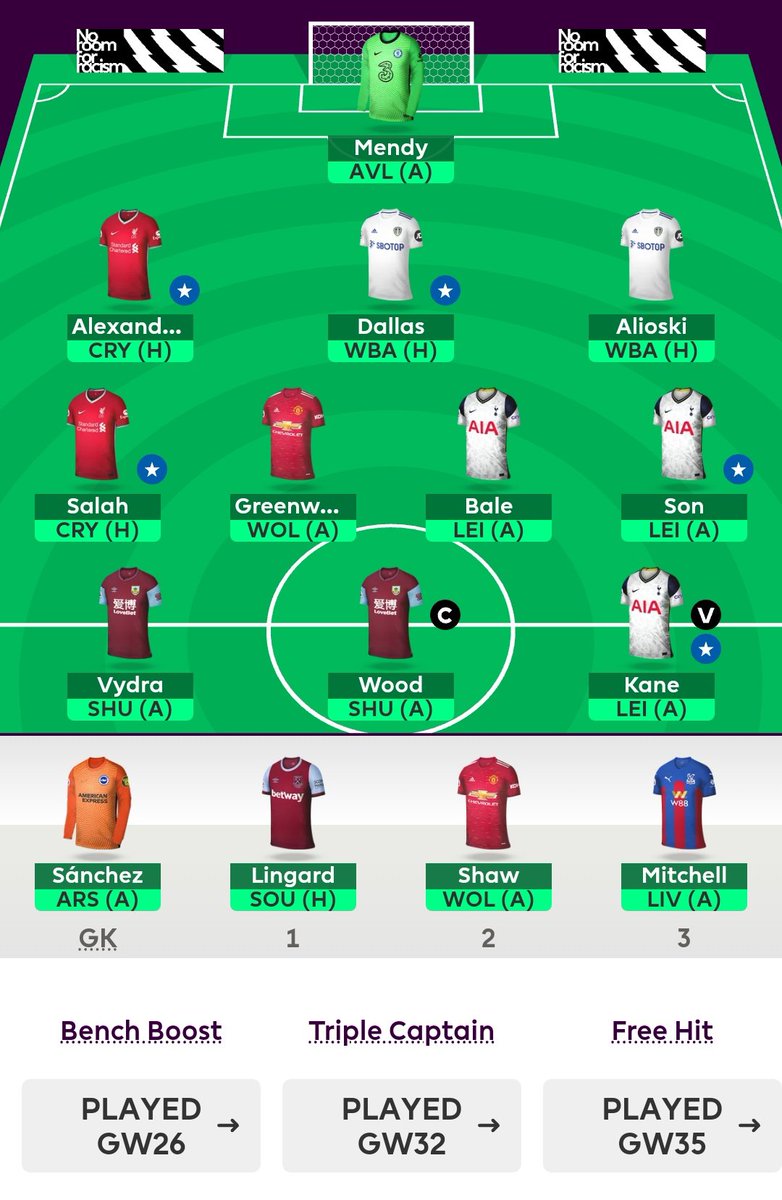FPL_Turquoise's tweet photo. #GW38 preview:
- OR 450k &amp; 42 points behind ML rival
- FT: Watkins -> Wood (C)
- Benched Lingard for Vydra &amp; Greenwood because of ownership
- Shaw likely not to start
- Hoping for a Leeds CS + Spurs &amp; Burnley goal fests
- Final GW before I take a one year vacation from FPL.

#FPL https://t.co/NzklU4GHJ1