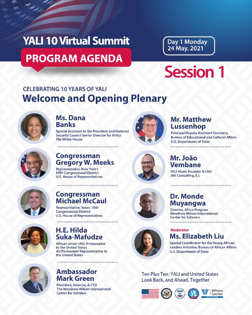 Join us tomorrow where Ms. Dana Banks, @RepGregoryMeeks, @RepMcCaul, @HMafudze, @AmbassadorGreen, @ECA_AS, Mr. João Vembane, Ms. Elizabeth Liu, and @MondeMuyangwa will kick off the YALI 10 Summit with the welcome plenary! #YALI10 Register here: wilsoncenter.org/YALI-Summit