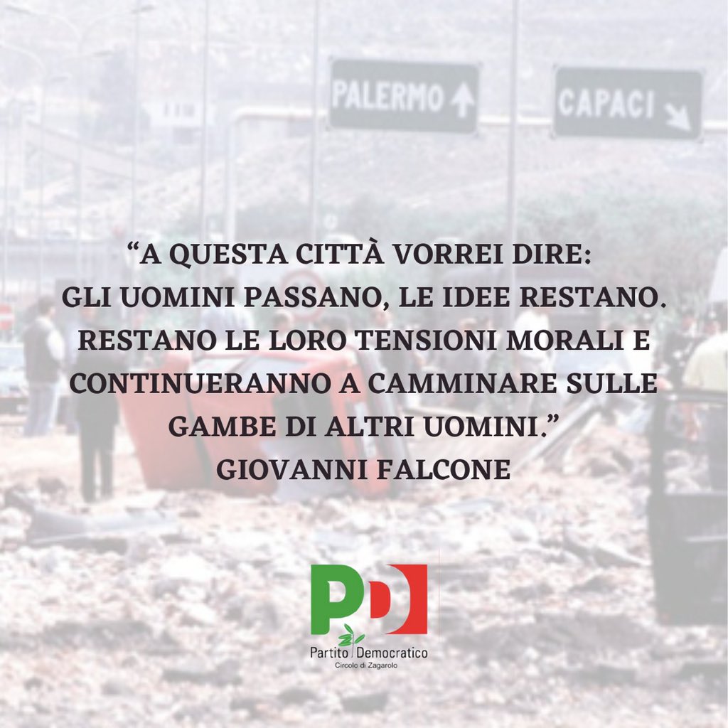 PdZagarolo's tweet photo. IL 23 MAGGIO 1992 LA STRAGE DI CAPACI E VIA D’ANELIO

Oggi, dopo 29 anni ricordiamo le loro battaglie e la loro forza di volontà nel voler cambiare le cose e debellare la mafia.

In memoria di Giovanni Falcone, Francesca Morvillo, Vito Schifani, Rocco Dicillo e Antonio Montinaro. https://t.co/EulTGfp3J1