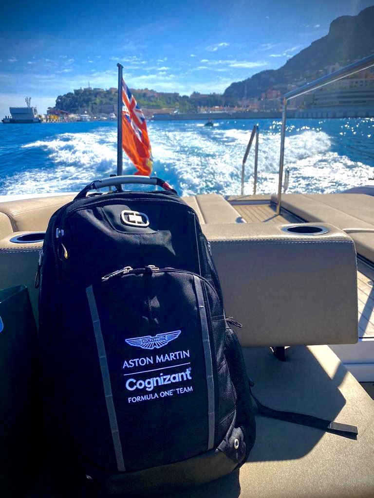 OGIO_EU's tweet photo. Heading to the start in style! Are you ready for race day? 🚤🏎🏁

#OGIO #GoOGIO #AXLE | #AstonMartinF1 #Monaco #MonacoGrandPrix #FormulaOne #Formula1 #F1 https://t.co/utvY5gDgr9