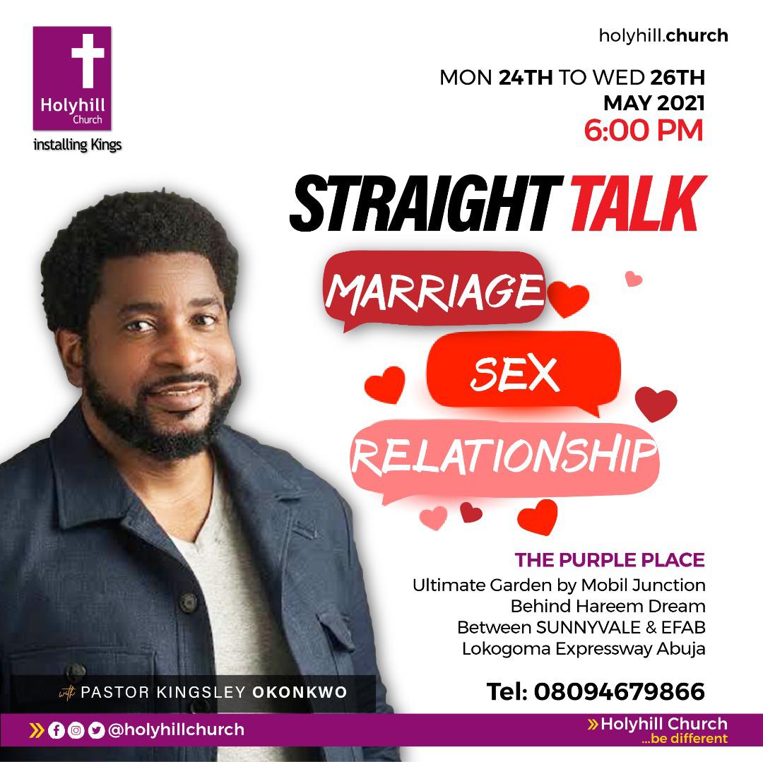SaidatuSaidu's tweet photo. #straighttalk join us @ holyhills church
24_26 may 2021.
STRAIGHT TALK:
MARRIAGE
  SEX
  RELATIONSHIP https://t.co/HgnOIRmGVf