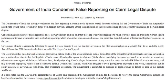 ndtv's tweet photo. Government of India (GoI) condemns false reporting in certain media claiming GoI purportedly asked state-owned banks to withdraw funds from foreign currency accounts abroad in anticipation of potential seizure of such accounts in regard to Cairn legal dispute: Finance Ministry https://t.co/iQOkkbsCxW
