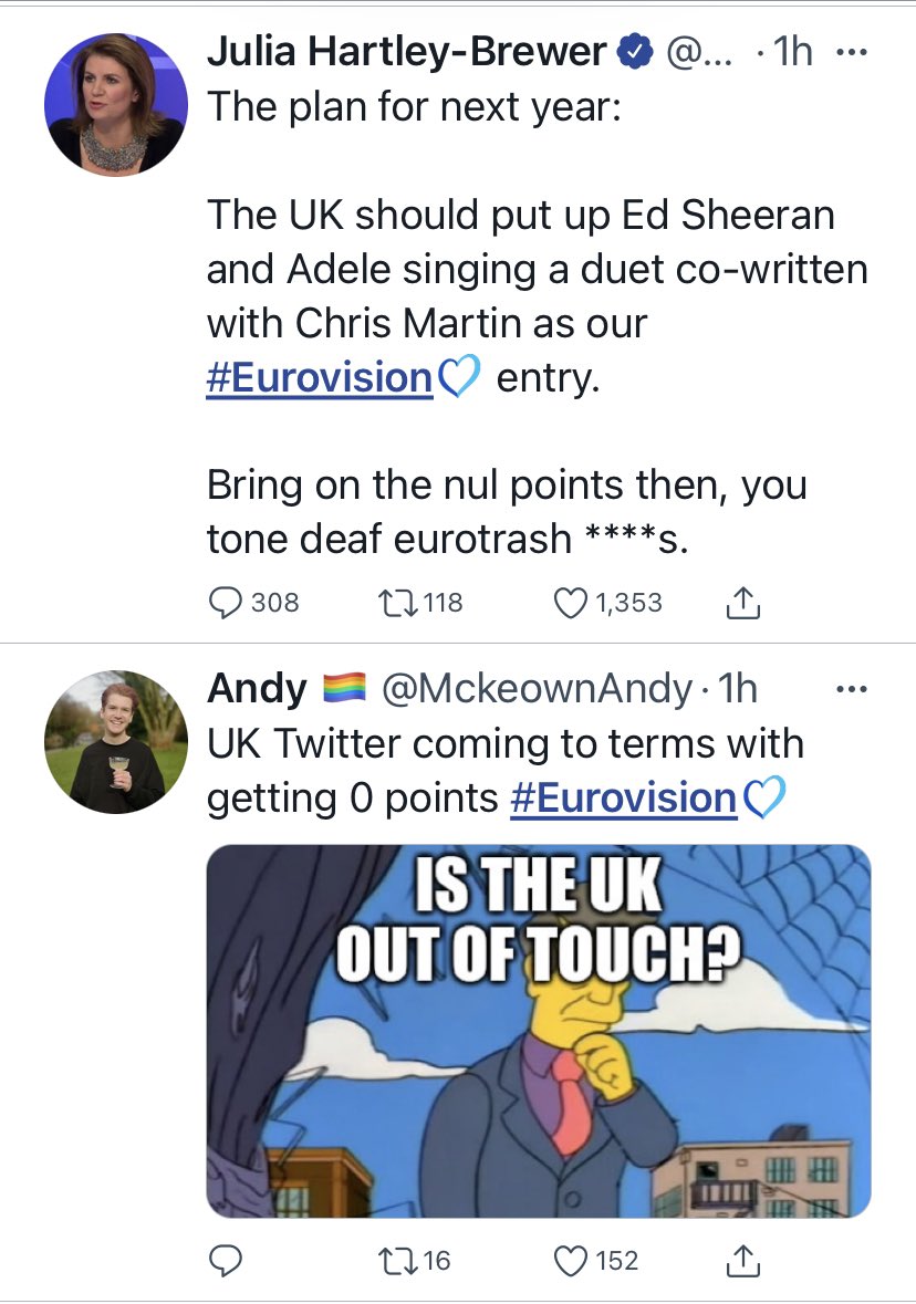 Droidcab's tweet photo. #Eurovision the irony of these two tweets next to each other 🤣 https://t.co/M0DH8YqjHf