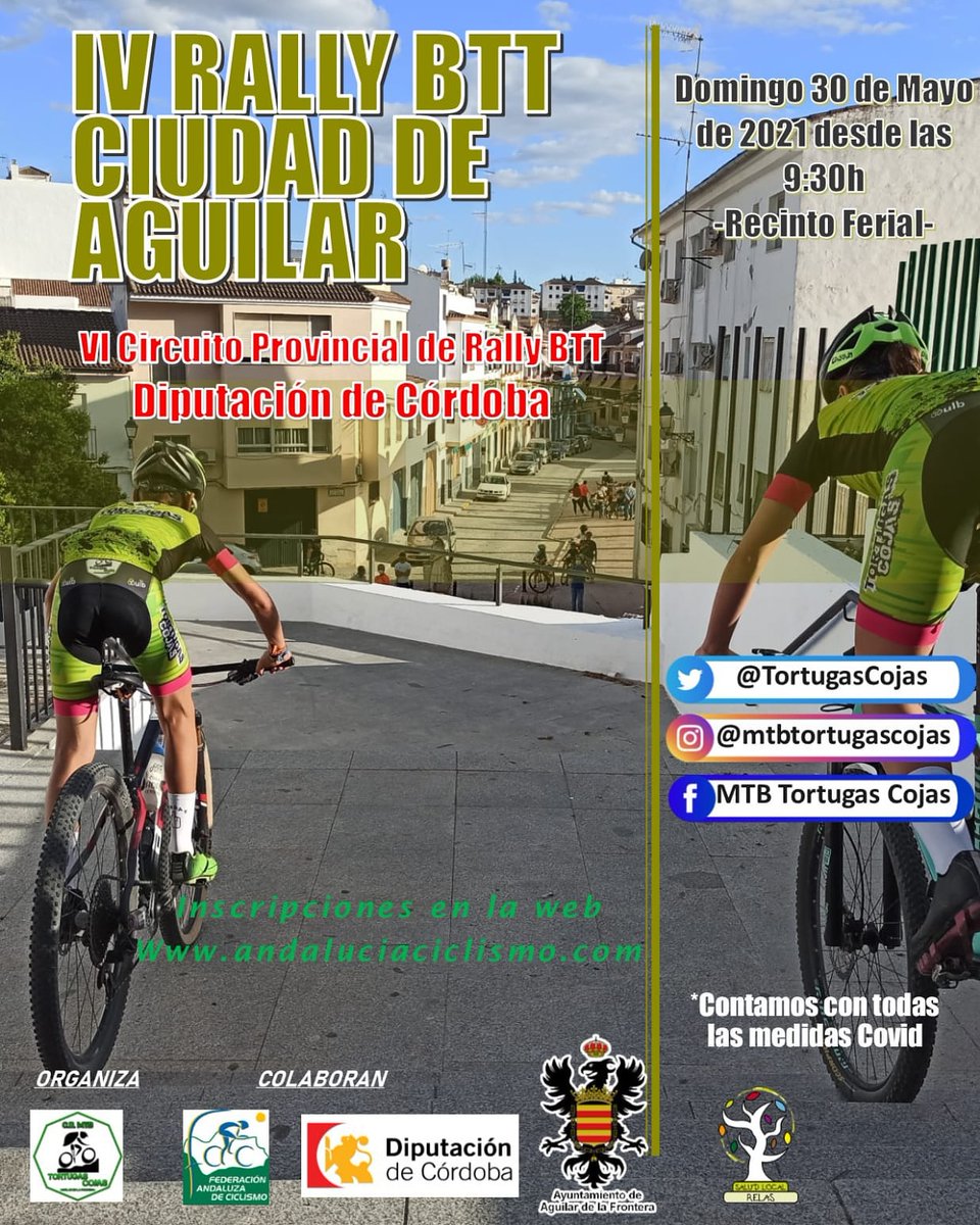 TortugasCojas's tweet photo. IV RALLY BTT CIUDAD DE AGUILAR

Presentado el cartel de la IV edición de nuestra actividad Reina. Volvemos otro año mas a la carga, con nuestro circuito de rally

Federación Andaluza de Ciclismo
Diputación de Córdoba
Ayuntamiento de Aguilar de la Frontera
Salud Local RELAS https://t.co/vHaFPR28kk