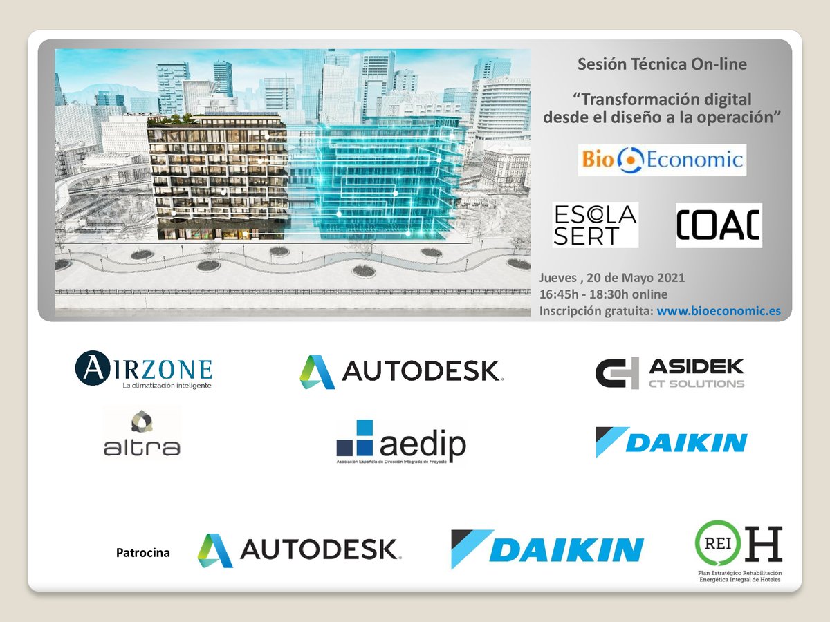 Jornadas_Breeam's tweet photo. Disponible ponencias webinar @BioEconomic:
#TransformaciónDigital desde el diseño a la operación”
#CampusProfesional:@EscolaSert-@COACatalunya
#BioBIM - #GemeloDigital - #Construcción40
@AsidekAutodesk
Sponsors:
@AutodeskEsp
@Daikin_es
@Plan_REIH
▶️https://t.co/hwNfxU0dqE https://t.co/UTh41g59d4