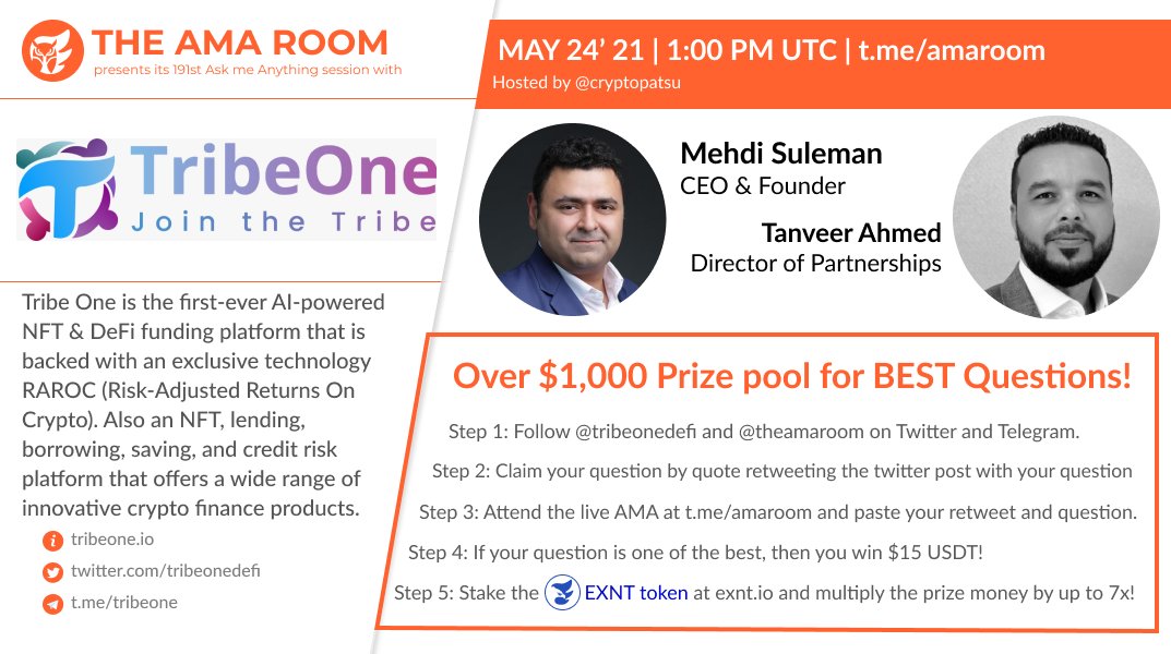 Join <a href="/tribeonedefi/">$HAKA TribeOne</a> with your host <a href="/cryptopatsu/">CryptoPatSu</a> for another #AMA 🔥

⌚️May 24 | MON | 13:00 UTC
💰Over $1000 #Prize Pool
✔ QUOTE RETWEET this WITH your question to qualify!
📍t.me/amaroom

#TribeOnexTheAMARoom $HAKA #AMARoom #Giveaway 

ℹ️ t.me/amaroomnews/205