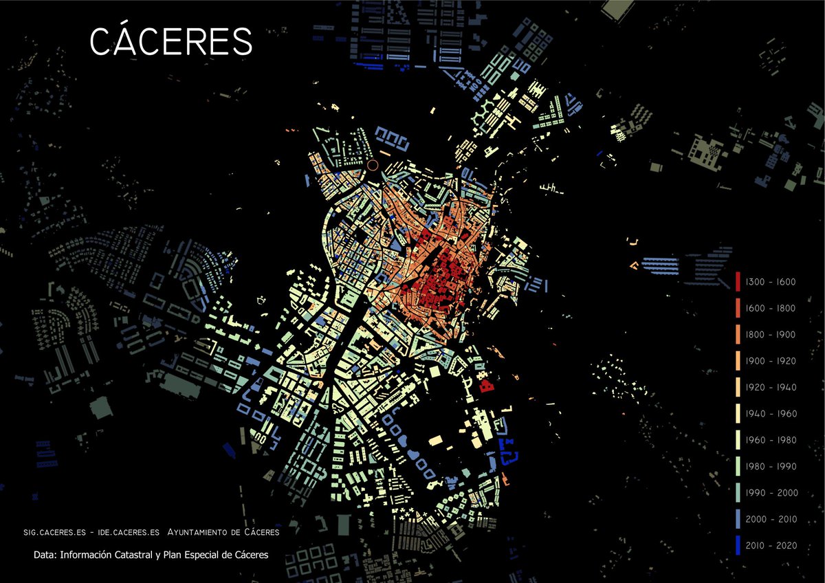 sig_caceres's tweet photo. Evolución urbana de #Cáceres. Tras el éxito de @dr_xeo y @SIGdeletras. Se muestra año aproximado de construcción #catastro y Tipologías  del Plan Especial del @Ayto_Caceres radio 1500 m desde San Mateo (punto más alto CH)
#IDE #OPENDATA y #GIS  #QGIS gracias @QGIS_Spain https://t.co/FsXdZcHGAD