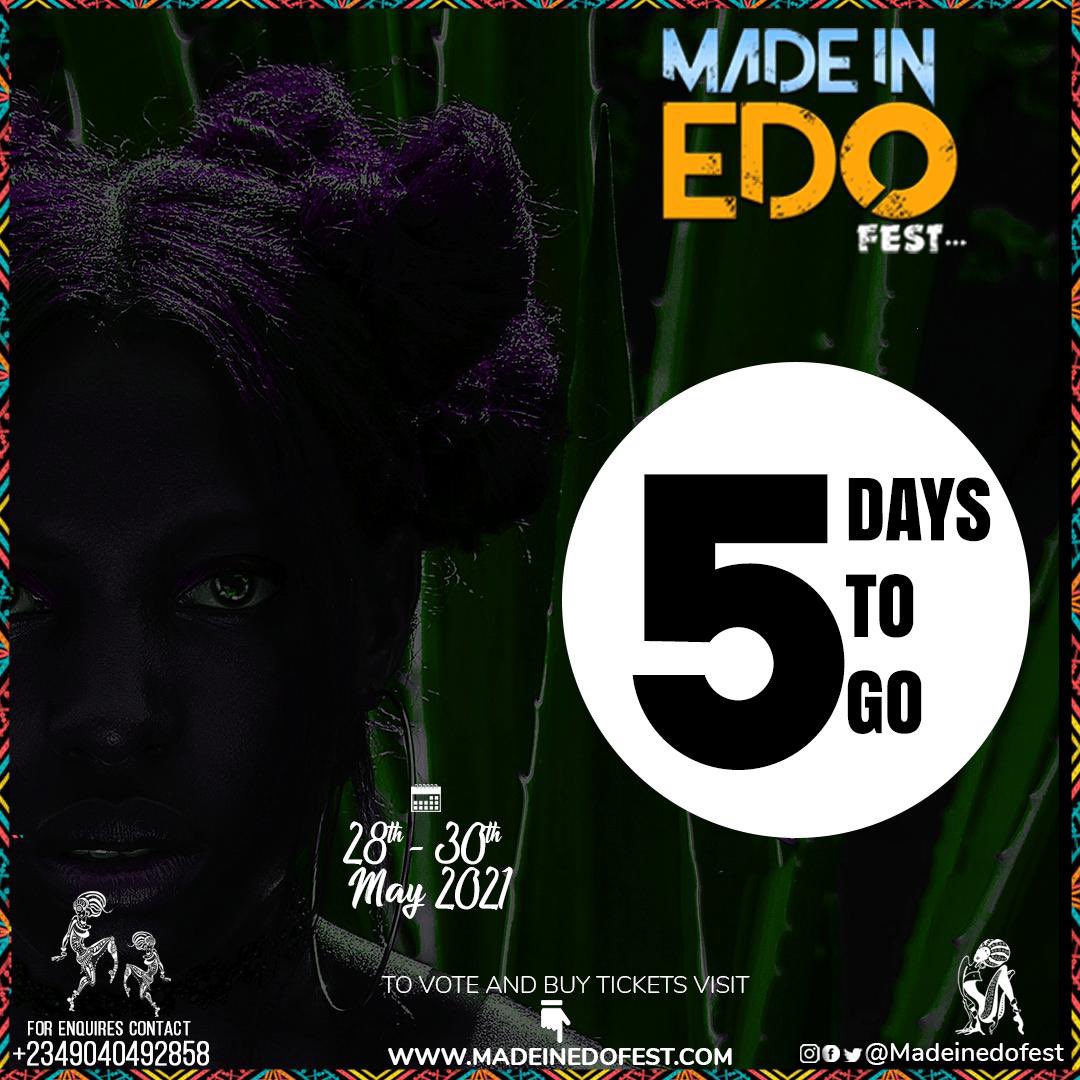 madeinedofest's tweet photo. The countdown begins for the most promising fest

Made In Edo Fest 
#MadeInEdoFest #MadeInEdoBlockParty #MadeInEdoAwardAndDinnerNight #MadeInEdoOpenAirFest #MIE https://t.co/FTPl96DwkU