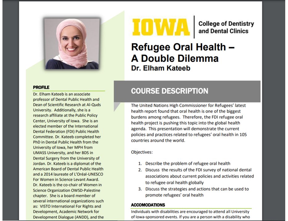 ElhamKateeb's tweet photo. Excited to discuss the issue of refugees oral health with colleagues and students @uicod within our efforts @fdiworlddental to push refugees oral health into the  the Global Health and Refugees Health agendas! @shequitymov @AlQudsU @Refugees #oralhealth https://t.co/w3ggoZfyiZ