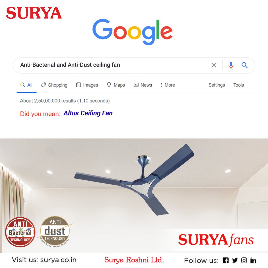 surya_roshni's tweet photo. Are you searching for an anti-bacterial, anti-dust and high-speed fan? Altus Ceiling fan is all that you need.
Visit us at- https://t.co/r1GWLUdeMy
#Fans #Surya #SuryaFans #SuryaAppliances #CeilingFans #Summers #AntiBacterial #AntiDust #Swadeshi #India #Altus #HighTechFans https://t.co/FDbQ0EfgUn