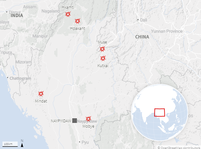 TostevinM's tweet photo. These are just some of the places where Myanmar's military has battled anti-junta forces in recent days as growing conflict compounds the worsening situation since the coup https://t.co/7ZTZZFsFoX #WhatsHappeningInMyanmar https://t.co/GrXIe1H5oX