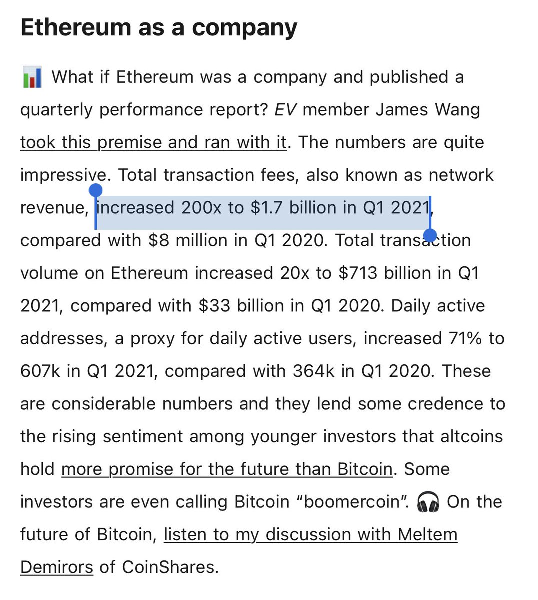 So Ethereum is theoretically at $8bn run rate, valued at $240Bn.

Not so crazy multiple (30x) considering the company grew 200x...