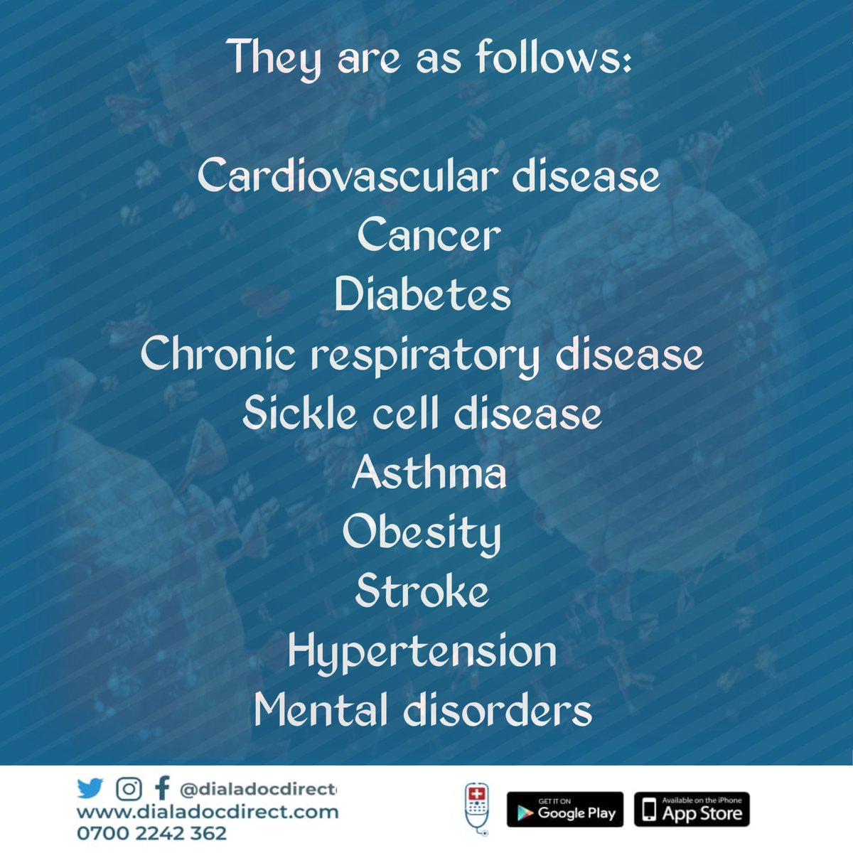 dialadocdirect's tweet photo. Hope you are having a great weekend? you could dial a doc to know more about each particular disease, Stay healthy, stay safe. #disease #autoimmune  #cancer #diabetes #diabetic #asthma #mentalhealth #mentaldisorder #depressionhelp #hypertension #telehealth #WHO #stroke #obesity https://t.co/t2tPvpK6JG
