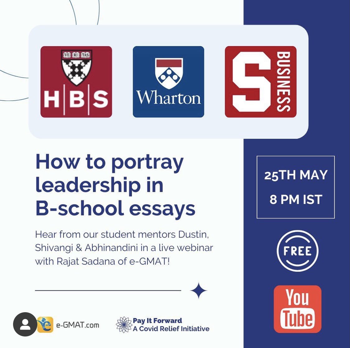 payitforward_in's tweet photo. Hear from our student mentors, talk about leadership and how to express that in your application! 
#payitforward #TogetherWeCan #AcademicTwitter #COVID19 #GMAT https://t.co/jfrK3ex0fn