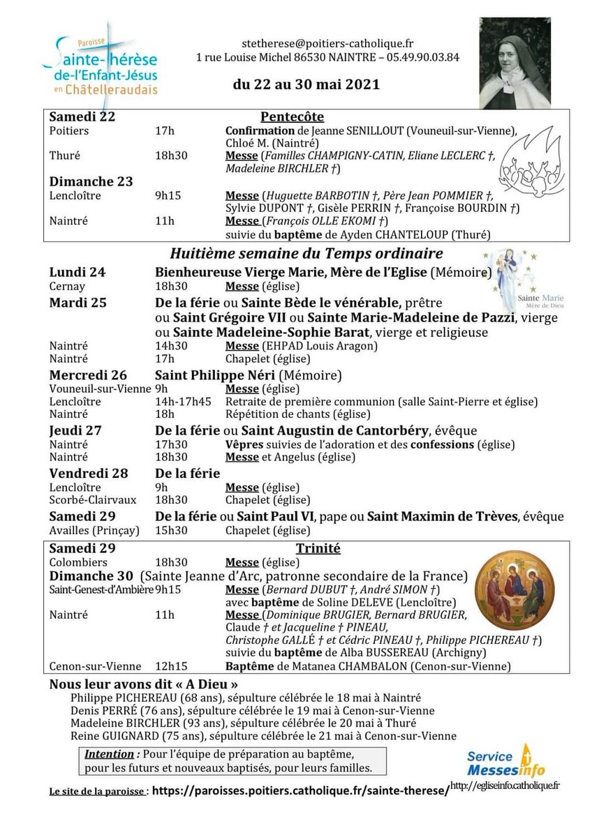 Dés demain, en la mémoire de la Bienheureuse Vierge Marie, Mère de l'Eglise, nous revenons dans le temps ordinaire.
Belle fete de Pentecôte et bonne semaine !