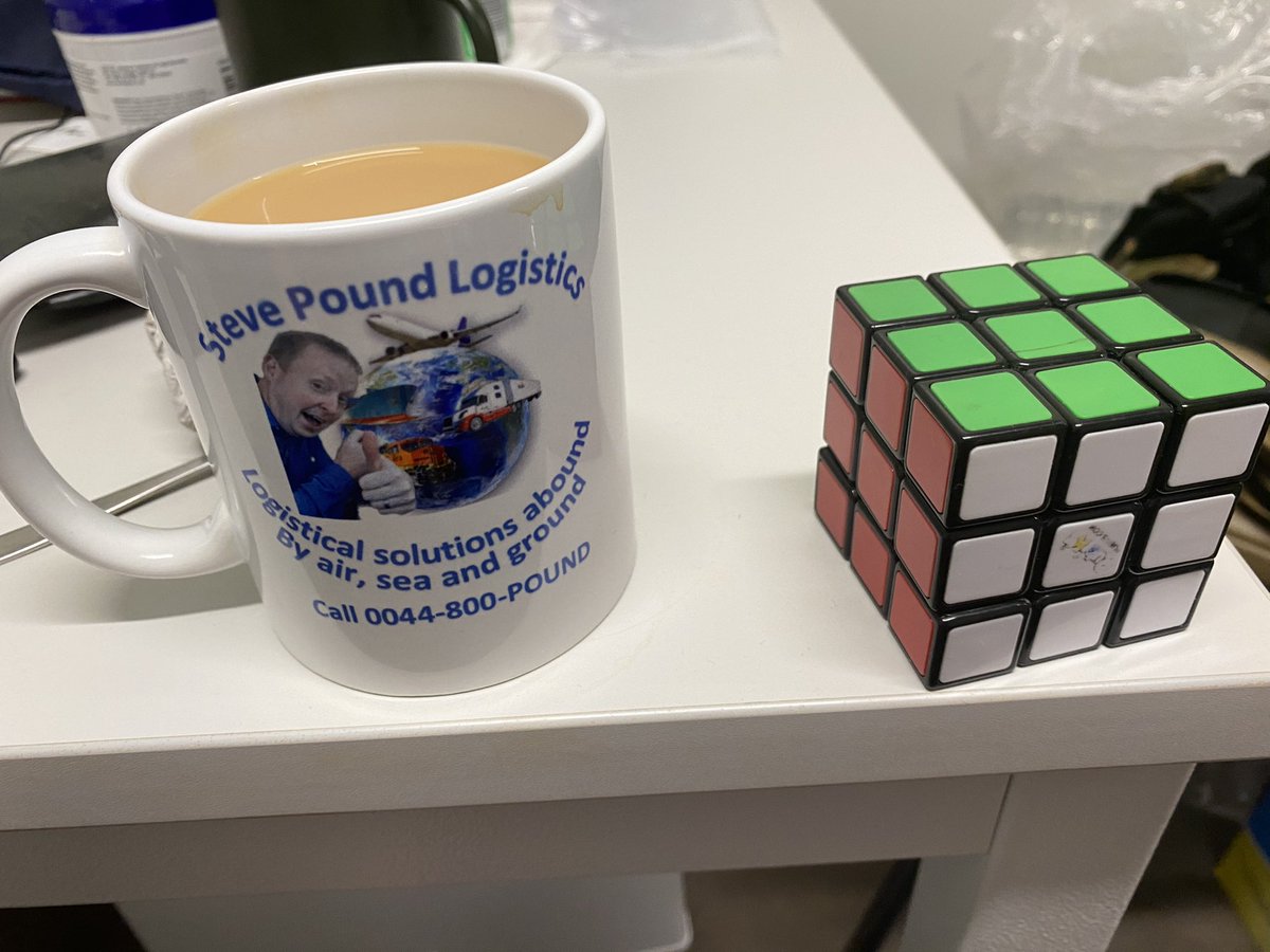 PoundMug's tweet photo. Another tough puzzle for the owner of this mug. Maintaining mental agility during tea breaks is actively encouraged. SPL was of course the inspiration. New to the Rubix Cube he completed it in just 8 moves and 3.46 seconds before retiring from the sport, giving others a chance. https://t.co/NZEC6TXrru