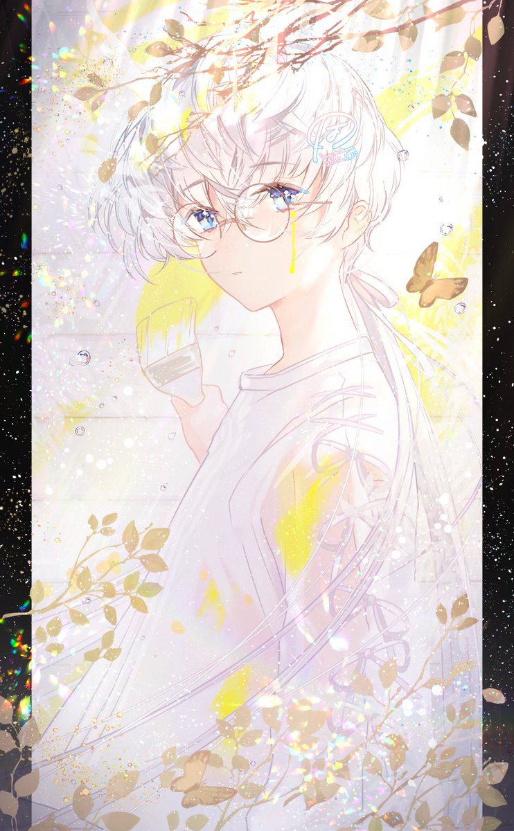solo white hair blue eyes glasses looking at viewer male focus 1boy  illustration images