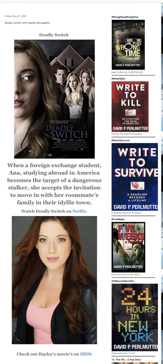 davepperlmutter's tweet photo. Received email asking if I’ve a seen #DeadlySwitch on @Netflix yet?
https://t.co/mCqOZn0Yw1 I sure have and totally RECOMMEND! Starring #Hollywood and #Scottish SUPERSTAR @HayleyMcLaughln ⭐️⭐️⭐️⭐️⭐️ Also featured on my #blog https://t.co/Tl0vDD5PHx #bookboost #IARTG #mybookagents https://t.co/XboS7Iihmy