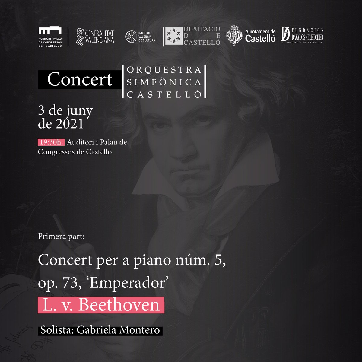 SimfonicaCs's tweet photo. 🎹 En Castelló tendrá lugar el concierto número 1.346 de la Sociedad Filarmónica local, en el cual se interpretará el Concierto para piano nº 5, op. 73, el último concierto para este instrumento solista que compuso Beethoven y que fue estrenado en 1811. https://t.co/iAZK5UNtno