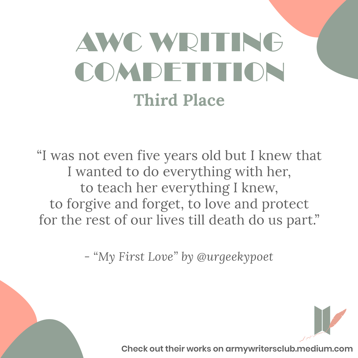 ARMYWritersClub's tweet photo. "...I wanted to do everything with her, to teach her everything I knew, to forgive and forget, to love and protect for the rest of our lives till death do us part."

Third placer @urgeekypoet made our hearts melt like butter (😉) in "My First Love."

🔗 https://t.co/9tkwzxGk5r https://t.co/ERBVxBMFiG