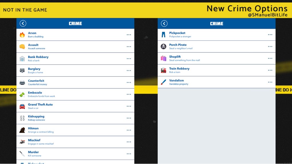 seanmanueI's tweet photo. The Crime Expansion is here! 🔪

Make Sure to
👍Like👍
🔁Retweet🔁 
and tag @BitlifeApp

What I added:
-New Crime Options 🔥
-Black Market 💊
-Buy Weapons 🔫
-Gangs 🏍️

Scenarios, Achievements and the Part Two are down in the comments! https://t.co/Gb9HKeNDvc