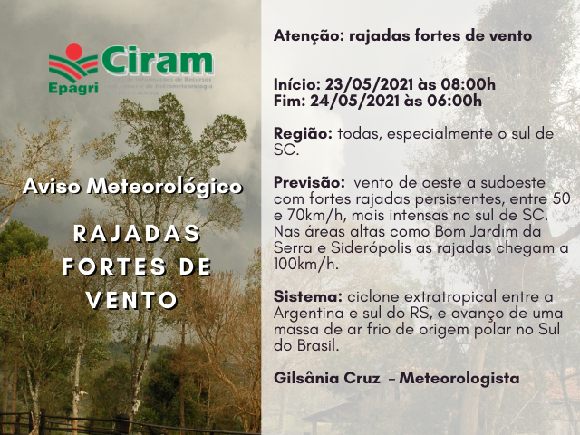 EpagriCiram's tweet photo. AVISO METEOROLÓGICO EPAGRI/CIRAM
#PrevisaodoTempoSC 

Atenção: rajadas fortes de vento 💨 https://t.co/xeL2BJ8W5u https://t.co/sMTDRCd2e4