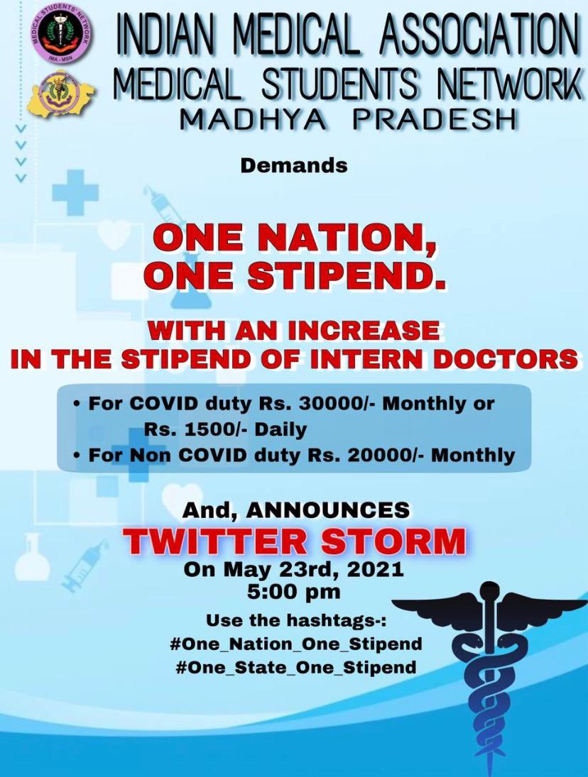 IMAMSNMP's tweet photo. @IMAMSNMP  demands for valid stipend to our Intern Doctors who are the Covid warriors in crisis
#One_Nation_One_Stipend
#One_State_One_Stipend
@healthminmp @MoHFW_INDIA https://t.co/IiDL0qFrAW