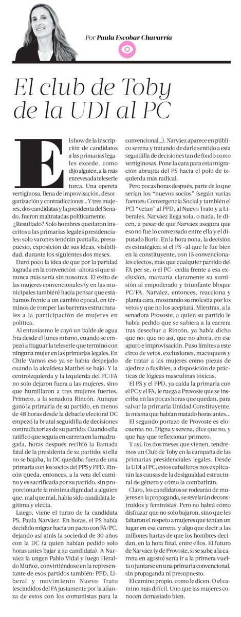 paulaescobarch's tweet photo. Primarias legales presidenciales: un club de Toby de la UDI al PC. Mi columna de hoy en @latercera https://t.co/0NXqHEQ2dr