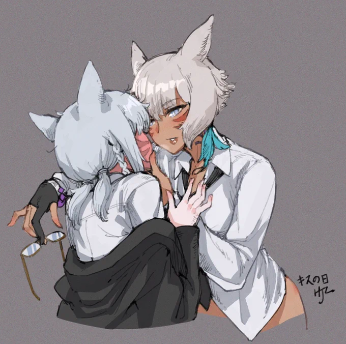 5月23日「キスの日」
I was feeling thirsty again... 
so more suit Y'shtola and newbie employee wol
#FFXIV #FF14 #ヤシュトラ #キスの日 