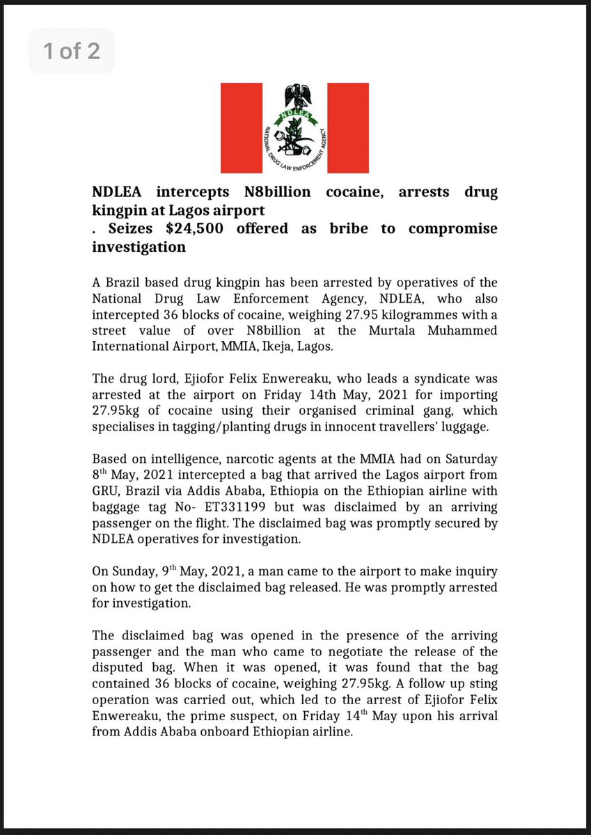 ndlea_nigeria's tweet photo. NDLEA intercepts N8billion cocaine, arrests drug kingpin at Lagos airport

. Seizes $24,500 offered as bribe to compromise investigation https://t.co/0PLyaOAAzr