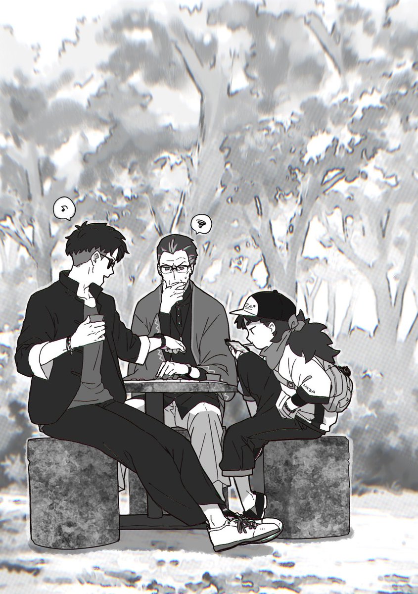 multiple boys monochrome glasses greyscale sitting hat 2boys  illustration images