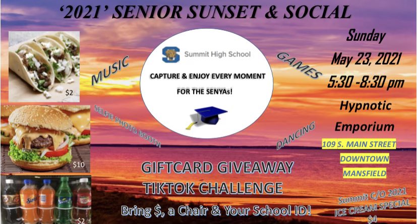 Senior sunset is today from 5:30 to 8:30 pm! 🧡