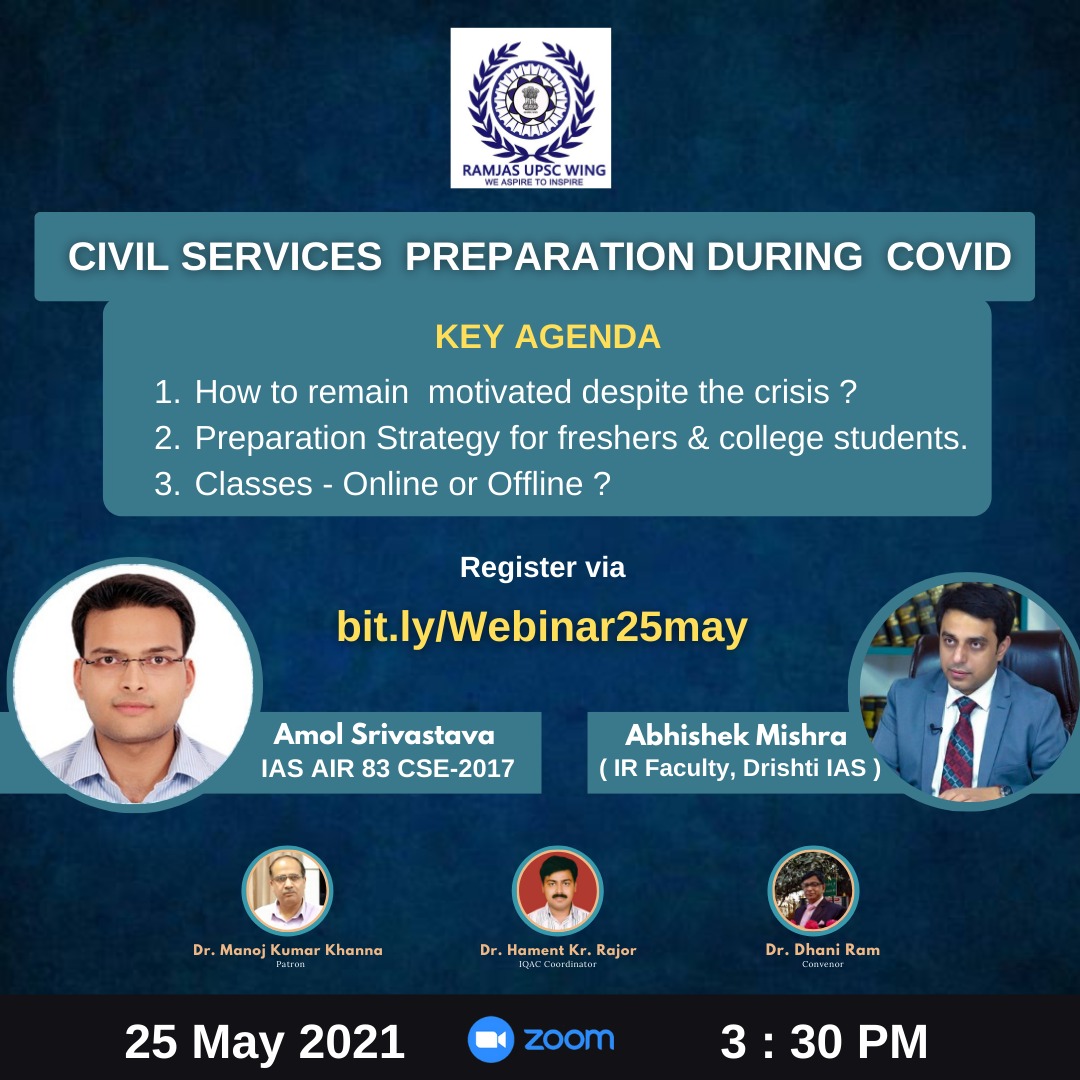 Ramjasupscwing's tweet photo. Webinar on Civil Services Preparation During Covid by
              𝗔𝗺𝗼𝗹 𝗦𝗿𝗶𝘃𝗮𝘀𝘁𝗮𝘃𝗮 
         IAS  AIR 83 CSE'17
                         &amp; 
             𝗔𝗯𝗵𝗶𝘀𝗵𝗲𝗸 𝗠𝗶𝘀𝗵𝗿𝗮
         IR Faculty, Drishti IAS  

25 May Tuesday 3:30 pm https://t.co/XXRZ88koX1 https://t.co/iWgd1p8qT5