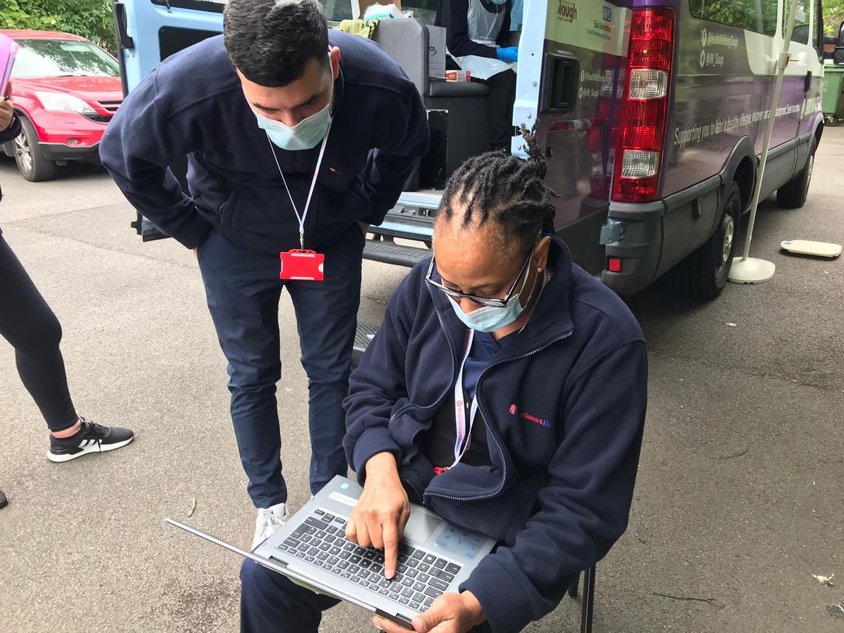 SloughHomeless's tweet photo. A few pictures from the NHS visit at SHOC.

They were providing vaccinations, health checks &amp; supply Natural Flow text boxes for anyone in Slough who might require them. 

Thanks, NHS! It's been a pleasure to be involved in this initiative
#nhscharitiestogether #sloughcommunity https://t.co/JPsBjWULqR