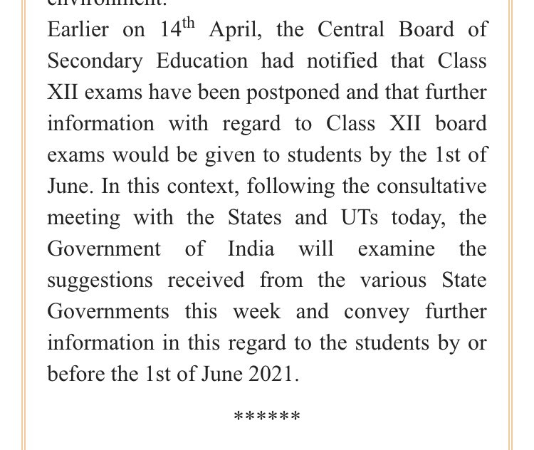 NidhiTanejaa's tweet photo. Official Govt release says final decision on Class 12 board exams will be conveyed to students on or before the 1st of June 2021. @DrRPNishank https://t.co/vdNvNZxetu