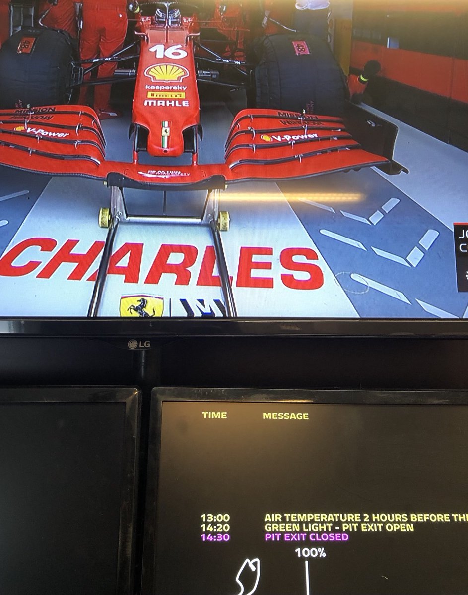 CroftyF1's tweet photo. Heartbreak for Charles Leclerc - fastest in qualifying but he won’t start on pole - Pit Lane Exit is closed and his car still in the garage while they try to fix his gearbox issue https://t.co/s96ps2CCEw