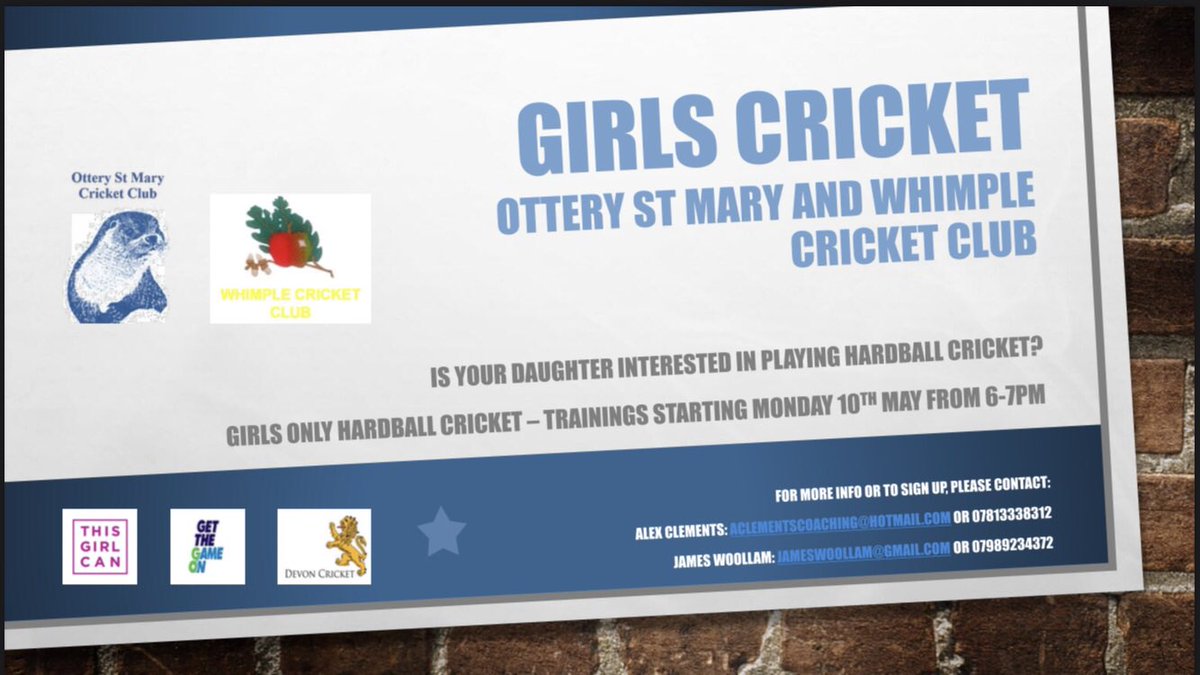 Softball and Hardball Girls Cricket!
Mondays from 6-7pm, new players welcome. Looking forward to building this partnership with <a href="/Whimplecc/">Whimple Cricket Club</a> and developing girls cricket in the area. Please get in touch for more info #devoncricket #thisgirlcan #giveitago