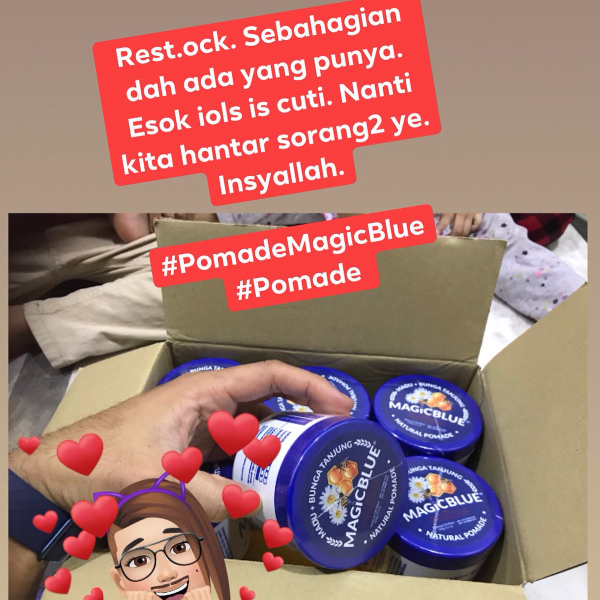 Rest.ock. Sebahagian dah ada yang punya. Esok iols is cuti. Nanti kita hantar sorang2 ye. Insyallah. 

#PomadeMagicBlue
#Pomade