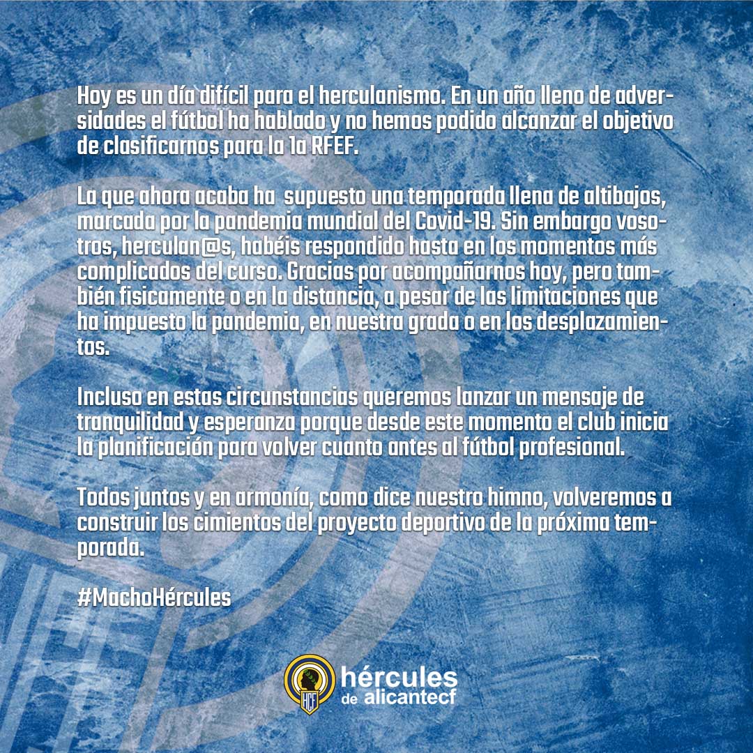 Hércules CF 💙🤍💯 (@cfhercules) on Twitter photo Comunicado oficial.
Hoy es un día difícil para todos. Sin embargo vosotros, herculan@s, habéis respondido en todo momento. Gracias por acompañarnos.
Volveremos a levantarnos.
💙 #MachoHércules 🤍 Comunicado oficial.
Hoy es un día difícil para todos. Sin embargo vosotros, herculan@s, habéis respondido en todo momento. Gracias por acompañarnos.
Volveremos a levantarnos.
💙 #MachoHércules 🤍