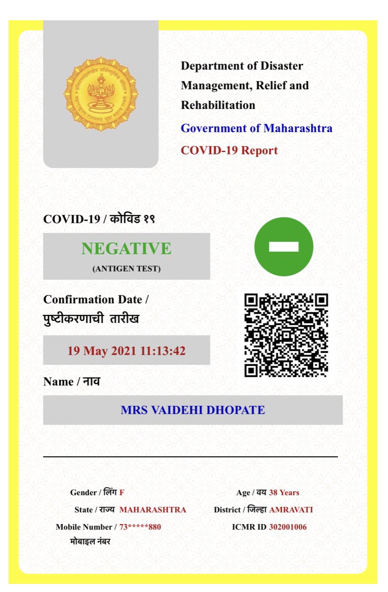ankurdhopte's tweet photo. @amcamravati My wife got covid test certificate which  she haven't given any samples for as mobile link. How is this possible. Is this a scam or what? Could @amcamravati shed some light on this matter. https://t.co/z6cDBdU6kG