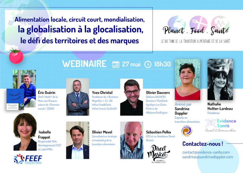 📣WEBINAIRE #PlanetFoodSsante
📅 27 mai 18h30
✏️S'inscrire : bit.ly/3ob1mbU
Alimentation locale, circuit court, de la globalisation à la glocalisation, le défi des territoires
Avec <a href="/SANDRIDOP/">Sandrine Doppler - Mes tweets n'engagent que moi</a> 
Merci 🙏 👇
<a href="/chefericguerin/">Eric Guerin</a> <a href="/OlivierMEVEL/">MEVEL</a> <a href="/Dauvers70/">Olivier Dauvers</a> <a href="/YvesChr/">Yves Christol</a> <a href="/SebastienPelka/">Sébastien Pelka</a>